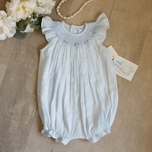 Smocked Blue Heirloom Romper Boutique Pin Tucks Bullion Embroidery NWT